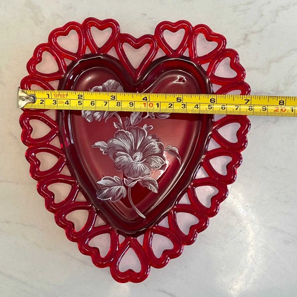 Westmoreland Ruby Red Heart Shaped Glass Trinket Dish Hand Painted Floral Design